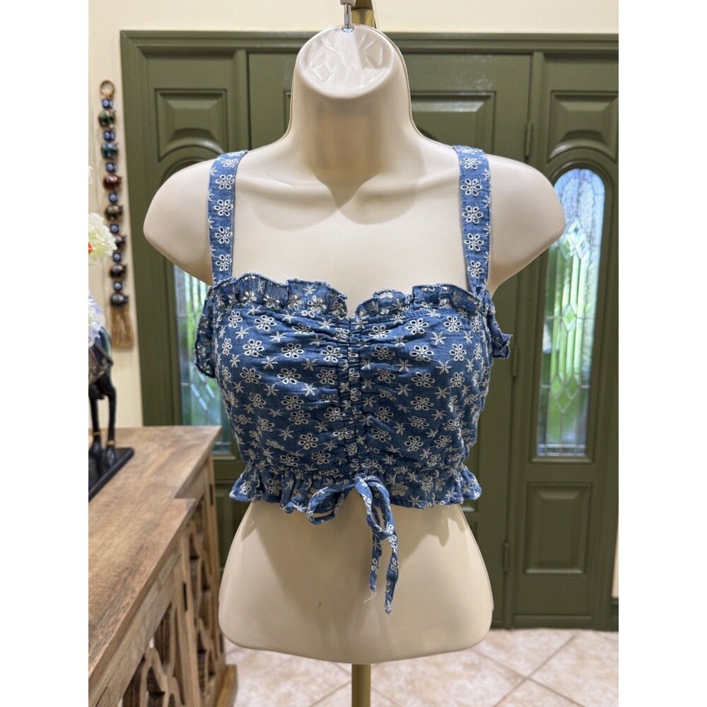 Blue Denim Eyelet Crop Top with White Floral Print Size: Medium (M)